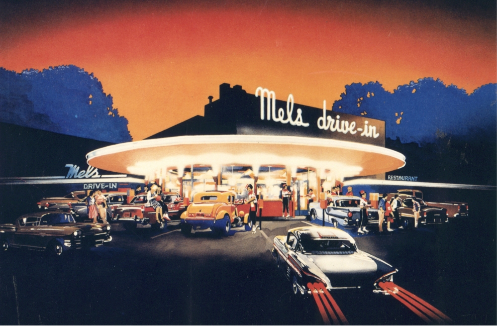 Illustration of a vibrant 1950s-style scene at sunset, with classic cars parked outside Mel's Drive-In Restaurant—an iconic diner where people gather around its brightly lit entrance under the famous sign.