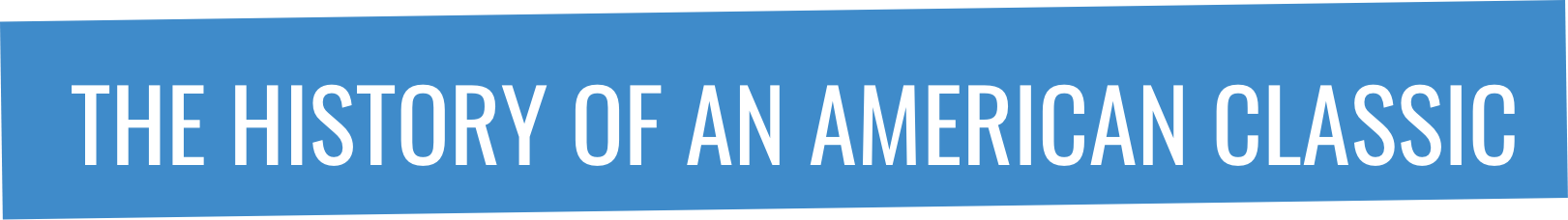 Blue rectangular banner with bold white text that reads, THE HISTORY OF AN AMERICAN CLASSIC, celebrating the legacy of Mel's Drive-In Restaurant, an iconic diner.