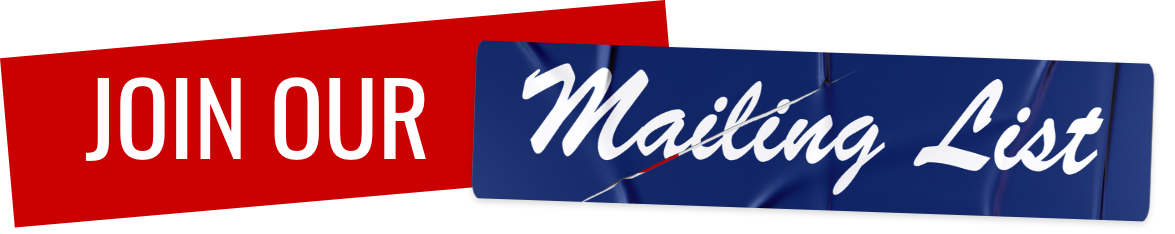 Red and blue banner with the text JOIN OUR Mailing List in bold white and cursive white lettering, evoking the classic charm of Mel’s Drive-In Restaurant—an iconic diner experience.