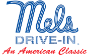 Logo for Mel's Drive-In Restaurant, the iconic diner. Mels is written in large blue script, DRIVE-IN in blue block letters below, and An American Classic in red cursive at the bottom.